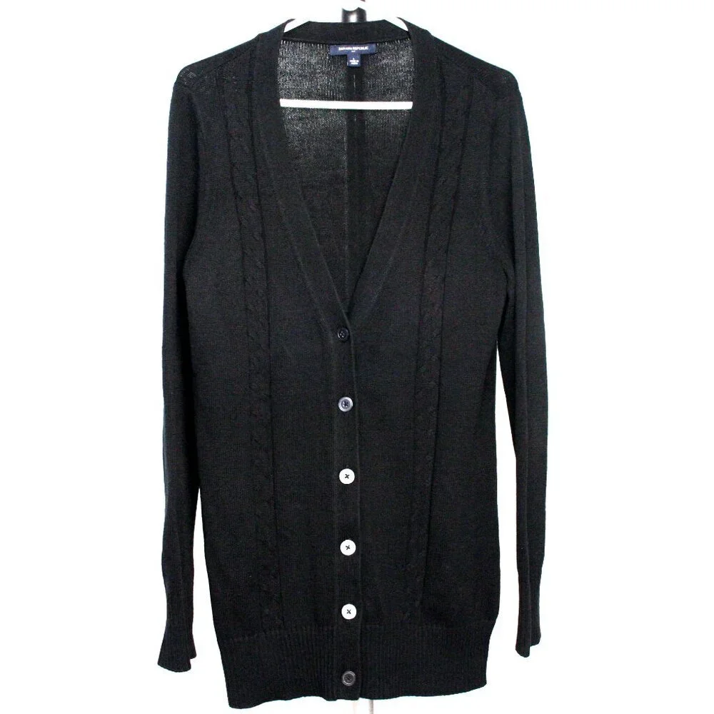 Banana Republic Factory Black V-Neck Lightweight Cable Knit‎ Midi Cardigan Sz L - Picture 2 of 10